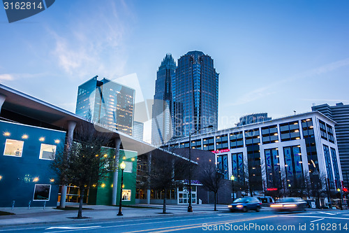 Image of charlotte skyline at dawn hours on a spring evening