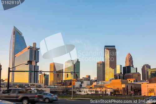 Image of charlotte skyline at dawn hours on a spring evening