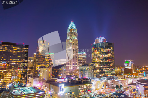 Image of view of charlotte skyline aerial at sunset