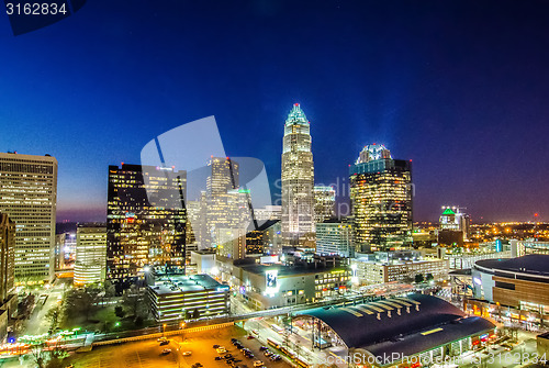 Image of view of charlotte skyline aerial at sunset