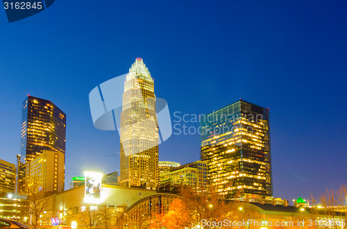 Image of view of charlotte skyline aerial at sunset