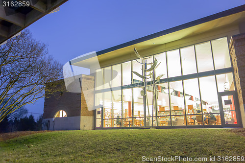 Image of modern view of public library at night
