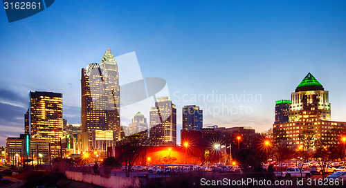 Image of charlotte skyline at dawn hours on a spring evening