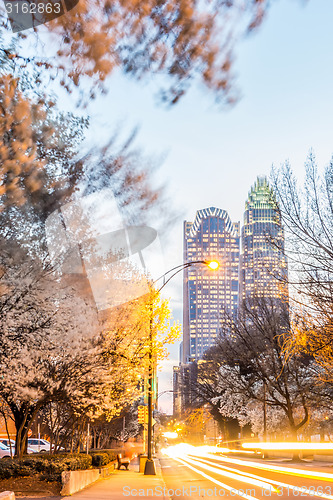 Image of charlotte skyline at dawn hours on a spring evening