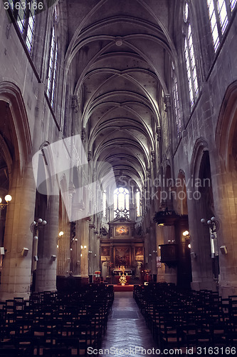 Image of famous Notre Dame cathedral interior view.