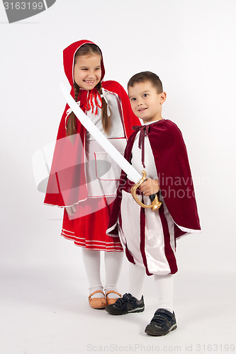 Image of Two children in costumes, Prince, Little Red Riding Hood