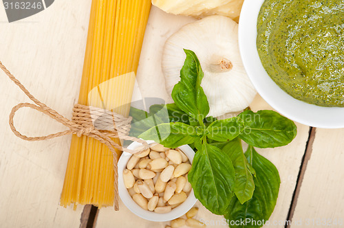 Image of Italian traditional basil pesto pasta ingredients