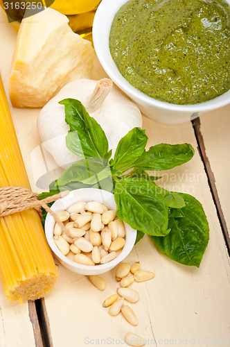 Image of Italian traditional basil pesto pasta ingredients