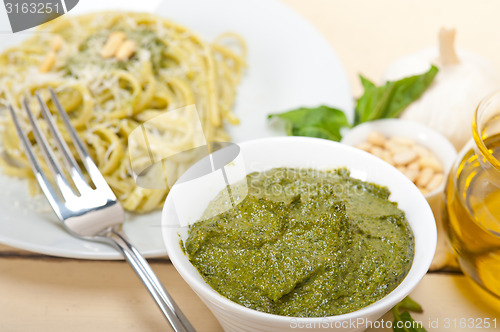 Image of Italian traditional basil pesto pasta ingredients