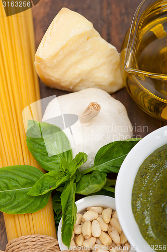 Image of Italian traditional basil pesto pasta ingredients