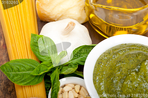 Image of Italian traditional basil pesto pasta ingredients