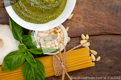 Image of Italian traditional basil pesto pasta ingredients