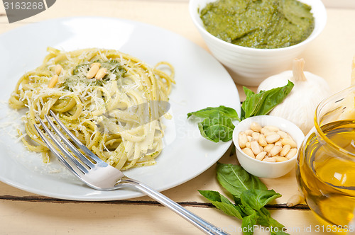 Image of Italian traditional basil pesto pasta ingredients