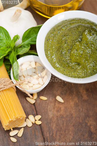 Image of Italian traditional basil pesto pasta ingredients