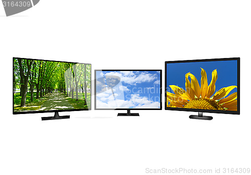 Image of three modern TV set with different images