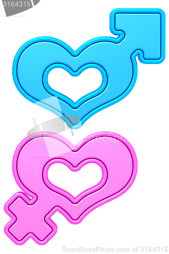 Image of Heart shapes with male and female gender signs isolated on white