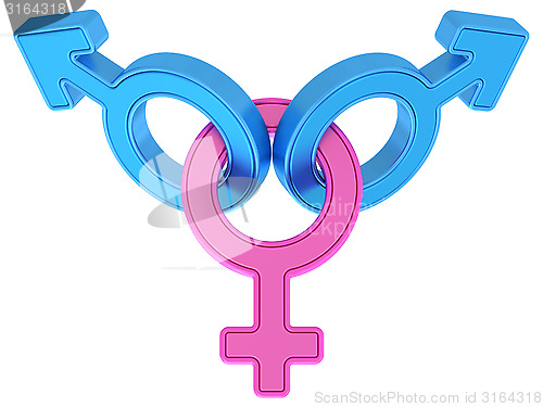 Image of Female and two male gender symbols chained together on white