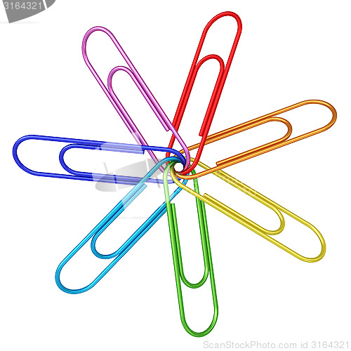 Image of Colorful paper clips chained together on white