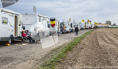 Image of Row of Caravans at Paris Roubaix Cycling Race