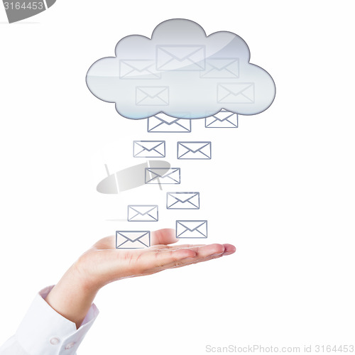 Image of Many Emails Flowing Between Open Palm And Cloud