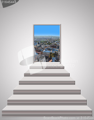 Image of stairs leading up to landscape of city