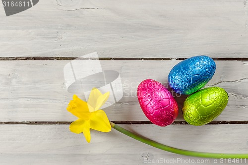 Image of Easter eggs on a wooden table