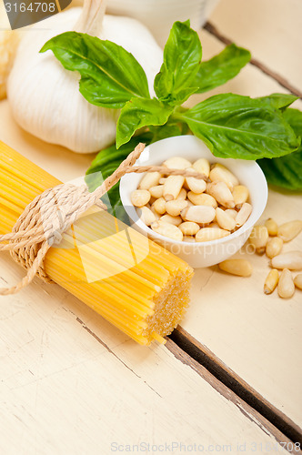 Image of Italian traditional basil pesto pasta ingredients