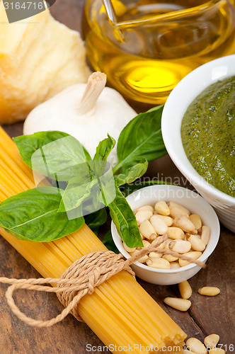 Image of Italian traditional basil pesto pasta ingredients