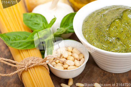 Image of Italian traditional basil pesto pasta ingredients