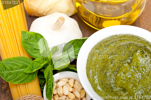 Image of Italian traditional basil pesto pasta ingredients