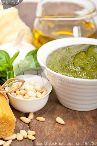 Image of Italian traditional basil pesto pasta ingredients