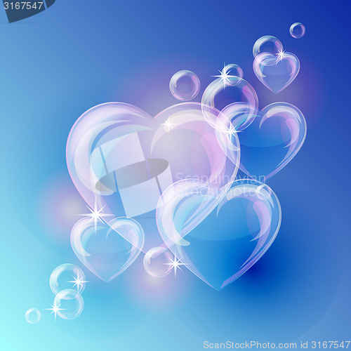 Image of Romantic background with bubble hearts shapes on blue background. 
