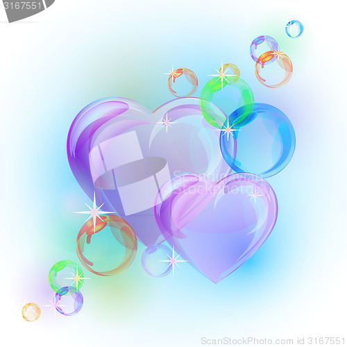 Image of Romantic background with colorful bubble hearts shapes.