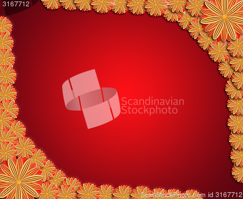 Image of frame from flowers on red sparkling background