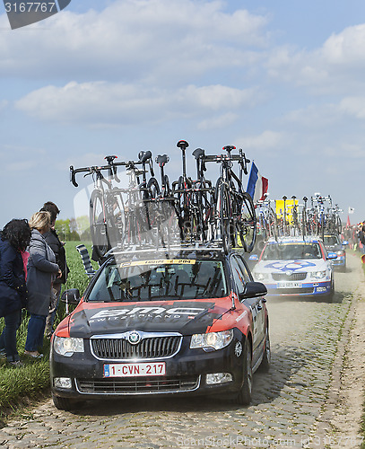 Image of The Car of BMC Racing Team on the Roads of Paris Roubaix Cycling