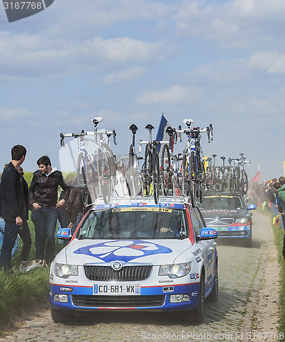 Image of The Car of FDJ.fr Team on the Roads of Paris Roubaix Cycling Rac