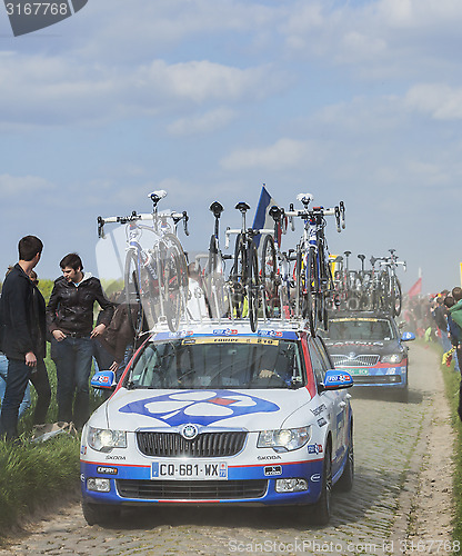 Image of The Car of FDJ.fr Team on the Roads of Paris Roubaix Cycling Rac