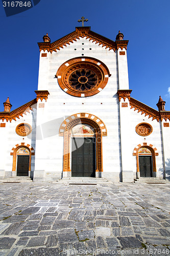 Image of  church    mercallo  old   closed brick tower sidewalk italy 