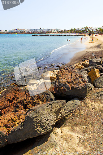 Image of white coast lanzarote  in spain   hotel stone water  and summer 