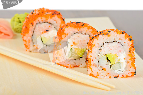 Image of Closeup California maki sushi in row