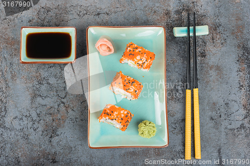 Image of Sushi rolls on the table. Top view. 