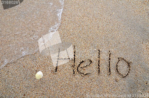 Image of Hello word written on the sandy beach