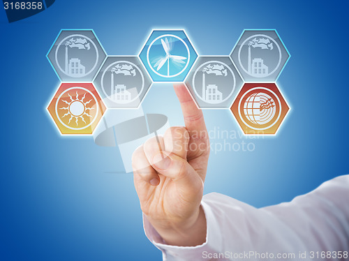 Image of Finger Pushing Hexagonal Renewable Energy Icons