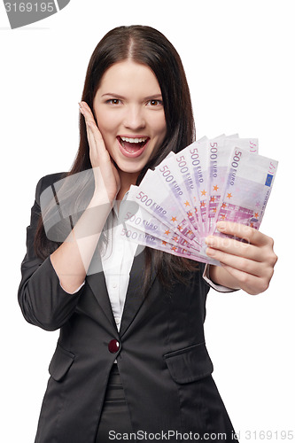 Image of Excited woman giving euro money