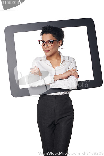 Image of Happy smiling business woman looking through frame