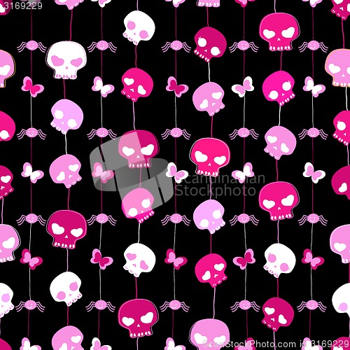 Image of  pink skulls on black background, seamless pattern