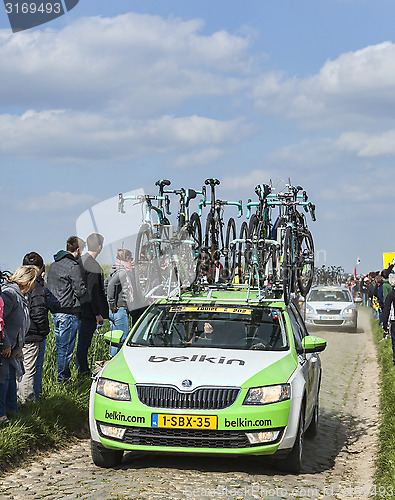 Image of The Car of BelkinTeam on the Roads of Paris Roubaix Cycling Race