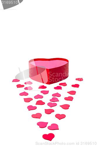 Image of Open gift box with heart-shaped and scattered hearts
