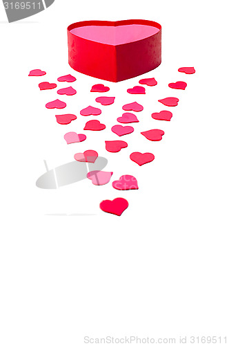 Image of Open gift box with heart-shaped and scattered hearts