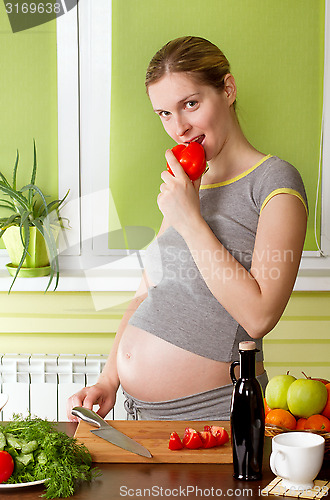 Image of Pregnant woman on kitchen cooking